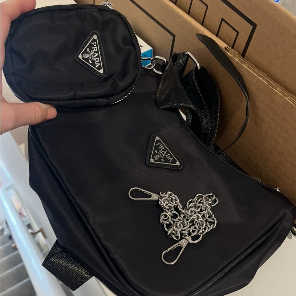 Prada Black Nylon Bag Duo with Silver Chain